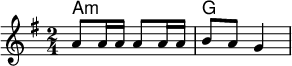<<
\new ChordNames \chordmode {
\set chordChanges = ##t
a4:m a4:m |% measure 1
g2 |% measure 2
}
\new Staff \relative c''{
\key a \dorian
\time 2/4
a8 a16 a a8 a16 a |% measure 1
b8 a g4 |% measure 2
}
>>