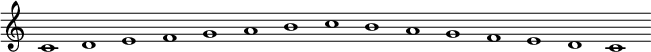 \relative c' {
c1 d1 e1 f1 g1 a1 b1 c1 b1 a1 g1 f1 e1 d1 c1
}
\layout {
\context {
\Staff
\remove Time_signature_engraver
\remove Bar_engraver
}
}
\midi {
\tempo 1 = 120
}
