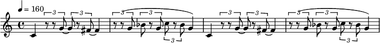 \relative c' {
\key c \major
\tempo 4 = 160
c4~ \times 2/3 {r8 r8 g'8~} \times 2/3 {g8 r8 fis8~ } fis4 |
\times 2/3 {r8 r8 (g8} \times 2/3 {bes8 r8 g8} \times 2/3 {c8 r8 bes8} g4) |
c,4~ \times 2/3 {r8 r8 g'8~} \times 2/3 {g8 r8 fis8~ } fis4 |
\times 2/3 {r8 r8 (g8} \times 2/3 {bes8 r8 g8} \times 2/3 {c8 r8 bes8} g4) |
}