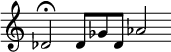 \new Staff \with { \remove "Time_signature_engraver" }
\relative c' { \time 3/2 \tempo 4 = 133
\set Score.tempoHideNote = ##t \set Staff.midiInstrument = #"marimba"
des2\fermata des8 ges des as'2
}