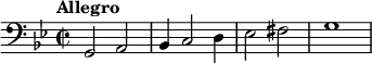\relative c {
\clef bass
\time 2/2
\key g \minor
\tempo "Allegro"
g2 a bes4 c2 d4 es2 fis g1
}