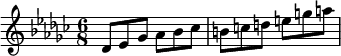 \relative c' {
\key ges \major
\time 6/8
% Notes with -es suffixes indicating flats
des8 es ges aes bes ces
% Notes without accidentals (naturals)
b c d e g a
}