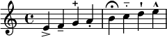 \relative c' {
e-> f-- g-+ a-.
b\fermata c-_ d-! e-^
}