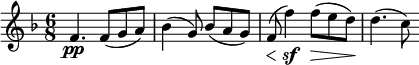 \relative c' {
\set Score.currentBarNumber = #37
\key f \major
\time 6/8
f4.\pp f8( g a)
bes4( g8) bes( a g)
\override DynamicLineSpanner.staff-padding = #2
f(\< f'4)\sf f8(\> e d)\!
d4.( c8)
}
