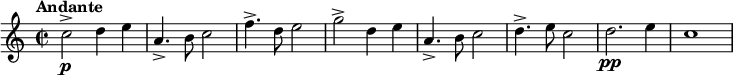 \relative c' { \set Staff.midiInstrument = #"french horn"
\set Staff.midiMinimumVolume = #0.7
\set Staff.midiMaximumVolume = #1.0
\tempo "Andante"
\tempo 4 = 80
\transposition c
\key c \major
\time 2/2
c'2->\p d4 e4 | a,4.-> b8 c2 | f4.-> d8 e2 | g-> d4 e | a,4.-> b8 c2 | d4.-> e8 c2 | d2.\pp e4 | c1
}