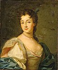 Portraitbild von Madeleine de Scudéry im schicken Kleid mit hochgesteckten braunen Haaren, sie trägt einen Perlenkette